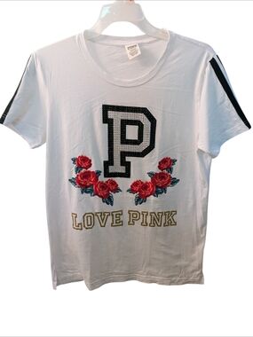 3/$10 LOVE PINK White Graphic Tee with Rose Embellishment